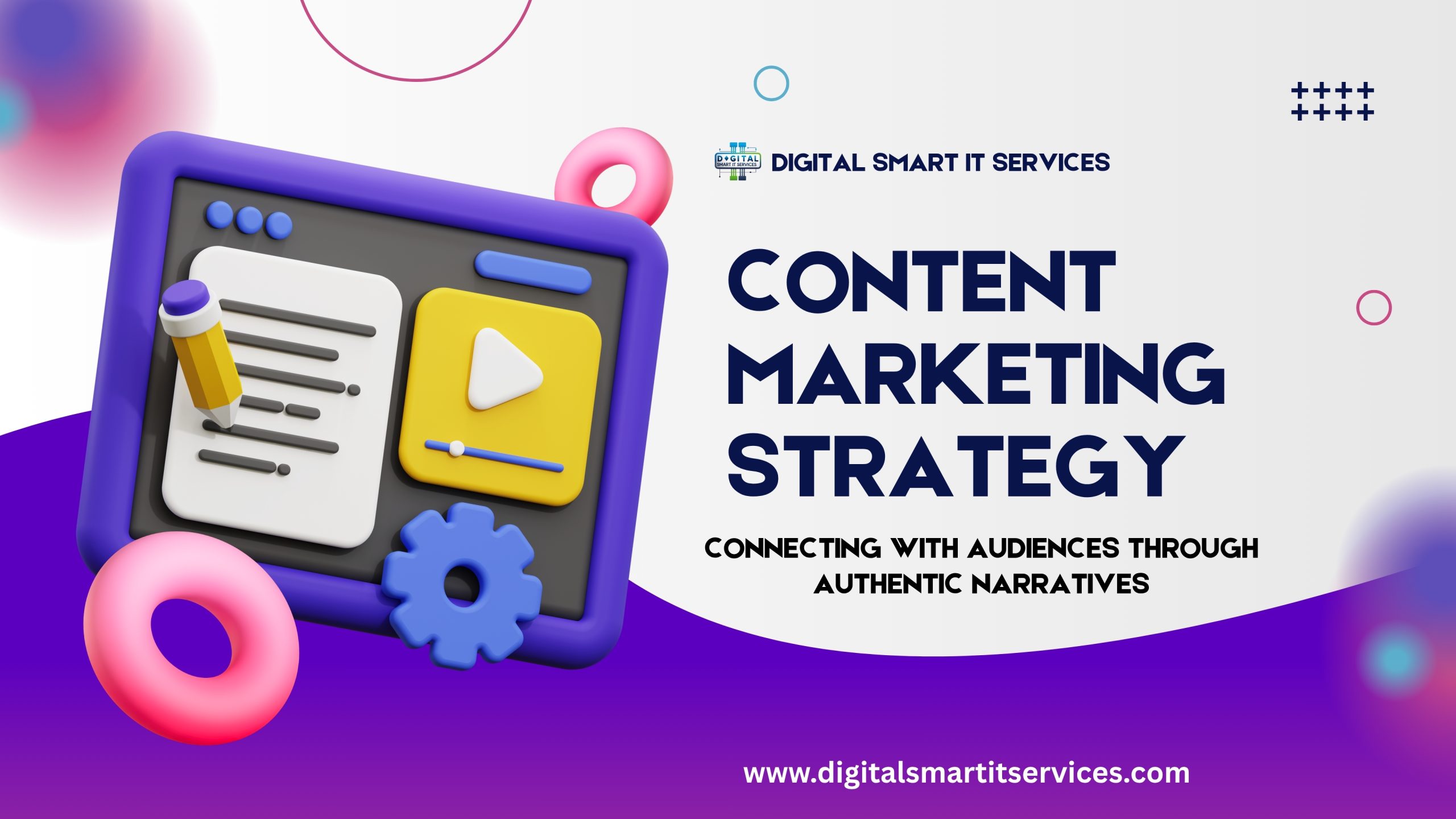 white purple pink and blue illustrative content marketing strategy presentation